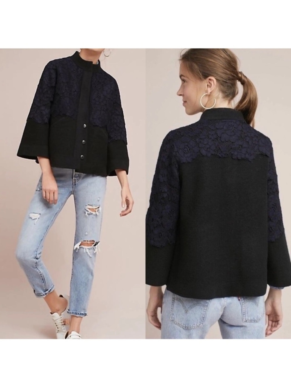 Anthropologie Field Flower wool and lace sweater jacket